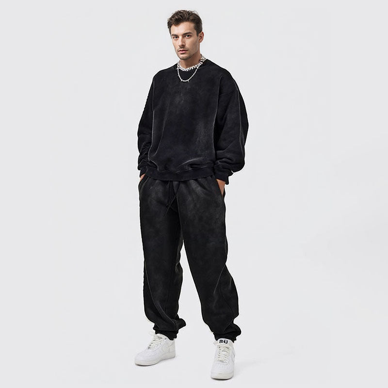 Autumn national trend washed heavyweight round neck sweatshirt men's velvet thickened couple sweatshirt
