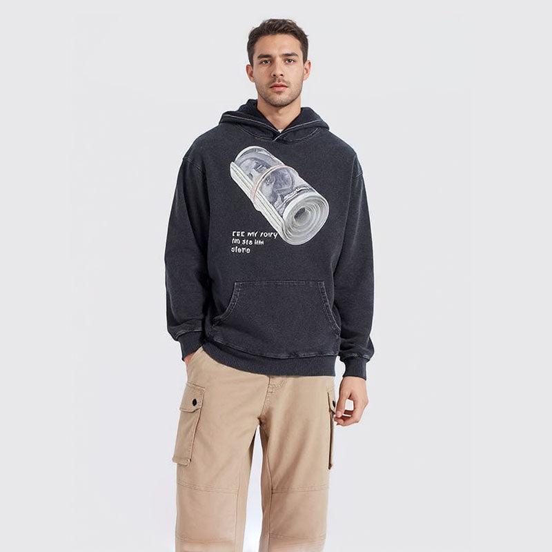 US dollar print heavy distressed hooded sweatshirt retro washed hoodie for men