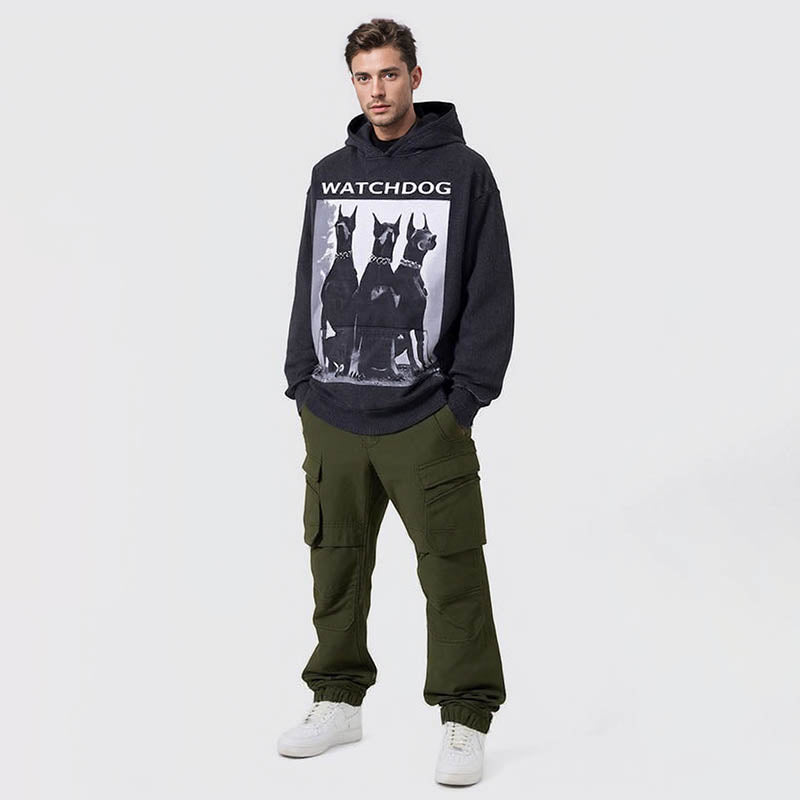 High Street Trendy Brand Hooded Sweatshirt Doberman Printed Hoodie Heavy Cotton Distressed Loose Couple Sweatshirt Men