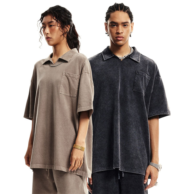 Men's Spring and Summer Washed Lapel Short Shirt Men's Teenagers Loose Resort Style Cuban Collar Short Shirt T-Shirt for Men