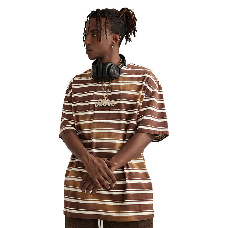 Men's spring/summer wash gradient striped color contrast round neck short-sleeved street couple T-shirt