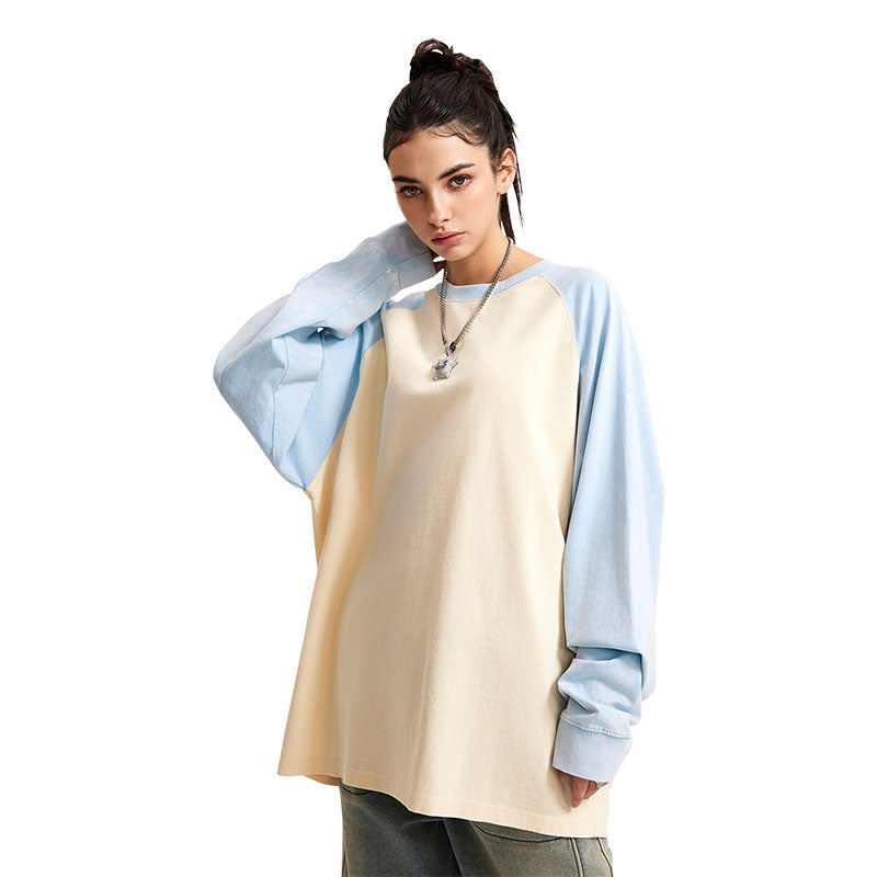 Men's casual pure cotton long-sleeved T-shirt two-color color matching loose long-sleeved bottoming shirt
