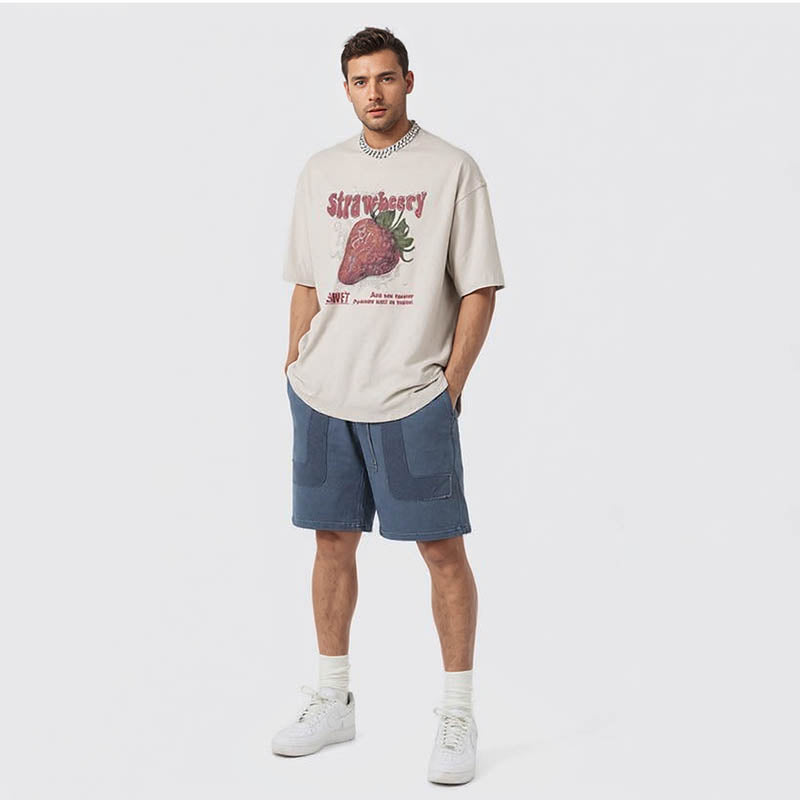 Summer Strawberry Print Solid Color T-Shirt Large Men's Top