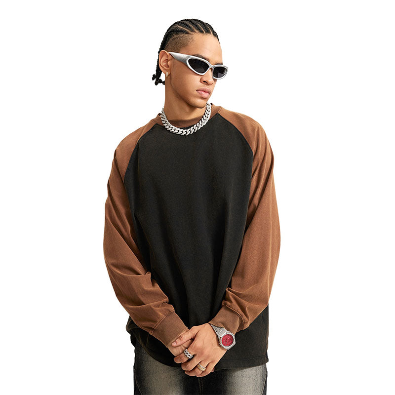Men's casual pure cotton long-sleeved T-shirt two-color color matching loose long-sleeved bottoming shirt