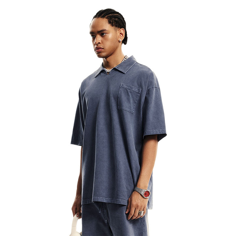 Men's Spring and Summer Washed Lapel Short Shirt Men's Teenagers Loose Resort Style Cuban Collar Short Shirt T-Shirt for Men