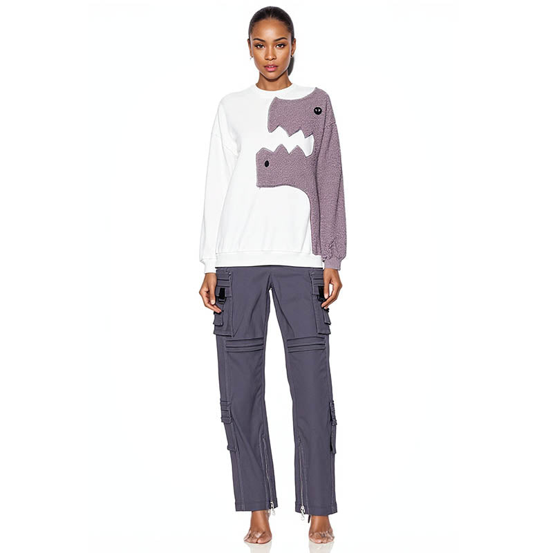Dinosaur Embroidered Sweatshirt Oversized Cartoon Crew Neck Sweatshirt Pullover Streetwear