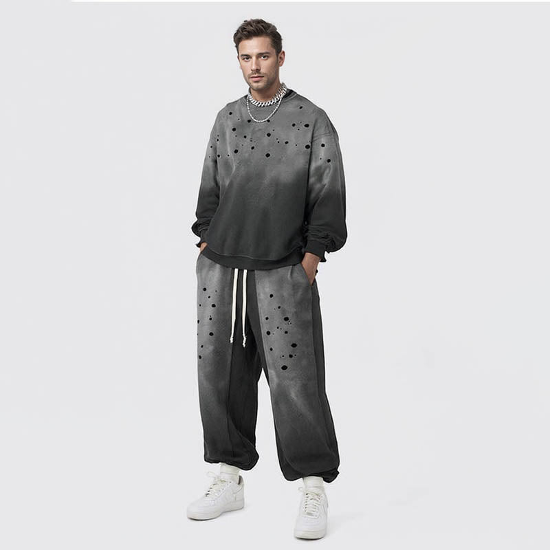 Men's autumn round neck painted sweatshirt and sweatpants men's high-end high-street American washed sweatshirt