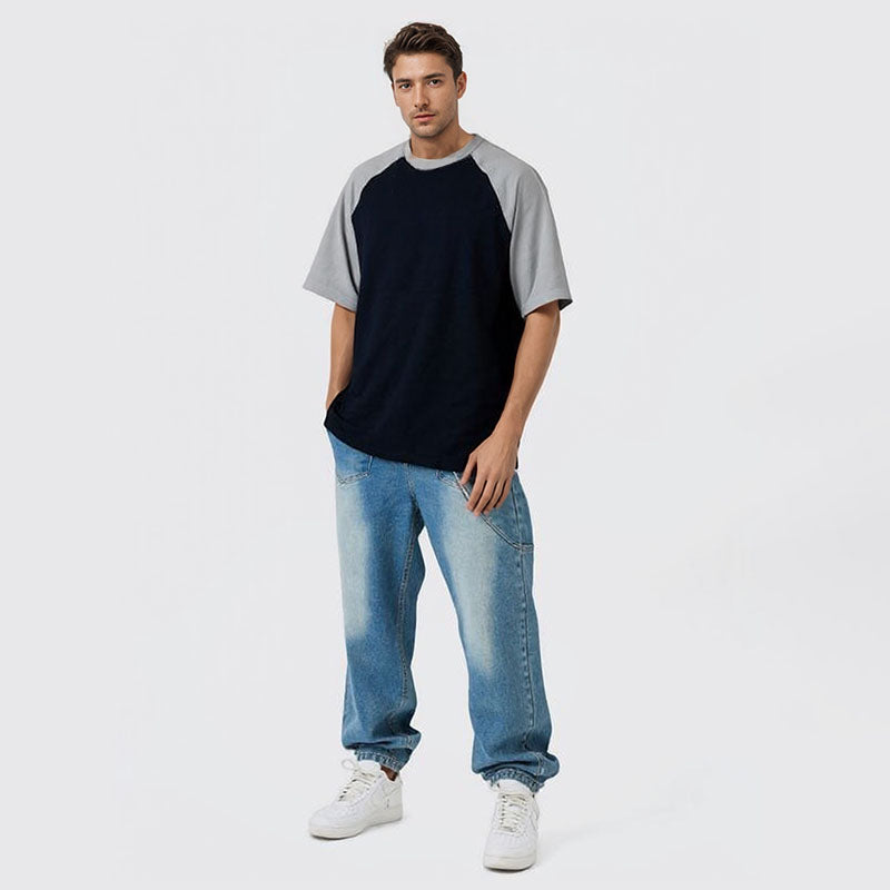 Pure cotton raglan short-sleeved T-shirt for men in summer with contrasting colors heavy cotton couple short-sleeved T-shirt top