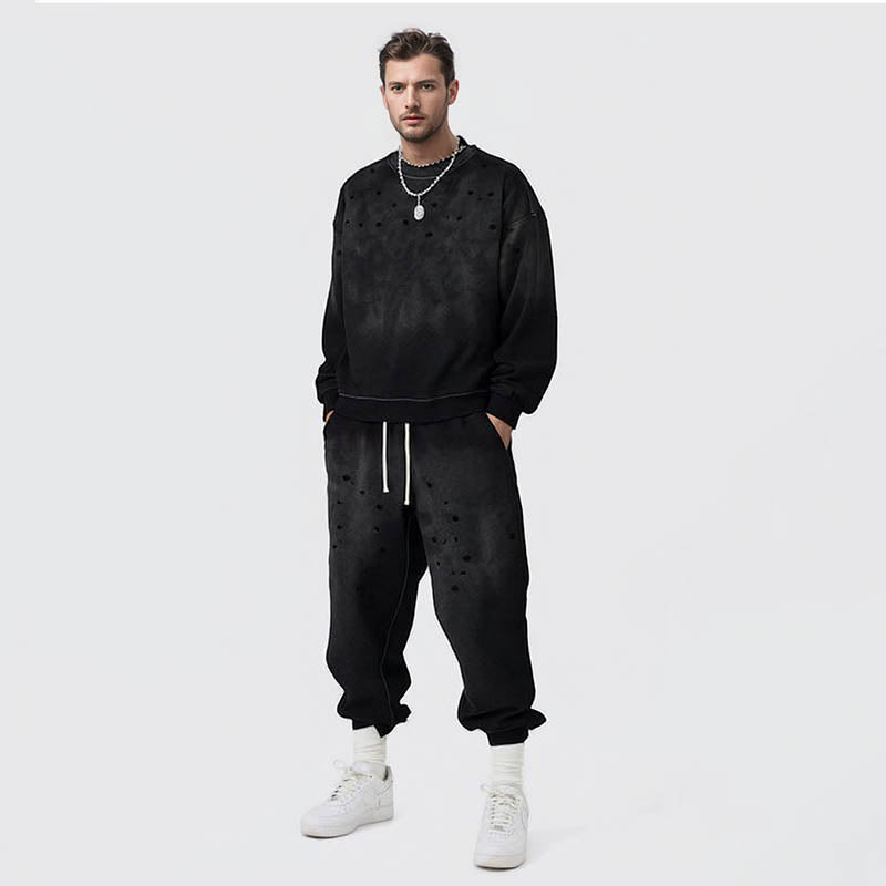 Men's autumn round neck painted sweatshirt and sweatpants men's high-end high-street American washed sweatshirt