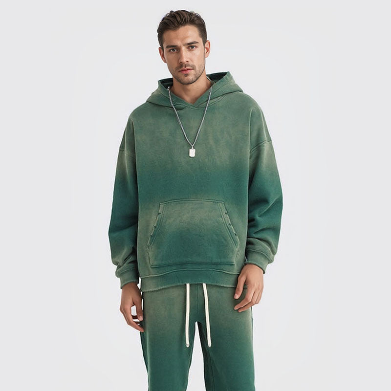 Autumn and winter new solid color blank plus velvet thickened 360g spray-dyed distressed hooded sweatshirt for men