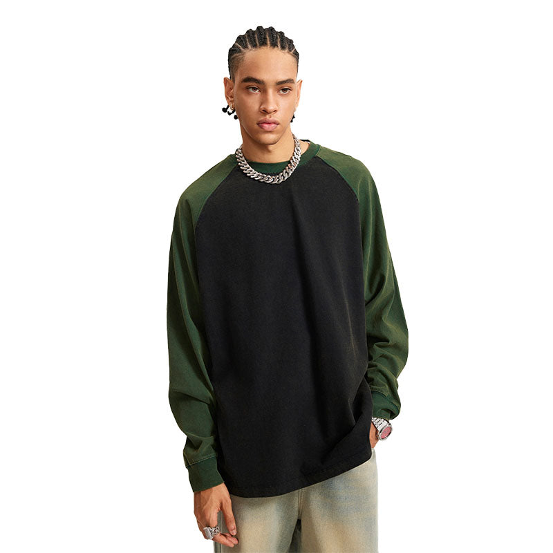Men's casual pure cotton long-sleeved T-shirt two-color color matching loose long-sleeved bottoming shirt