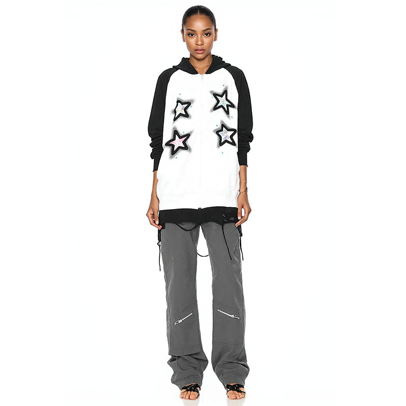 Autumn and winter sweatshirt jacket dopamine star patch embroidered sweatshirt men and women zipper hooded sweatshirt