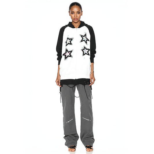 Autumn and winter sweatshirt jacket dopamine star patch embroidered sweatshirt men and women zipper hooded sweatshirt