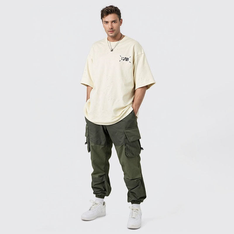 Men's ripped printed cotton short-sleeved T-shirt