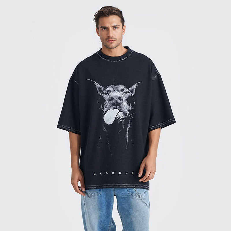 Doberman print washed retro high street popular round neck short-sleeved T-shirt for men and women street