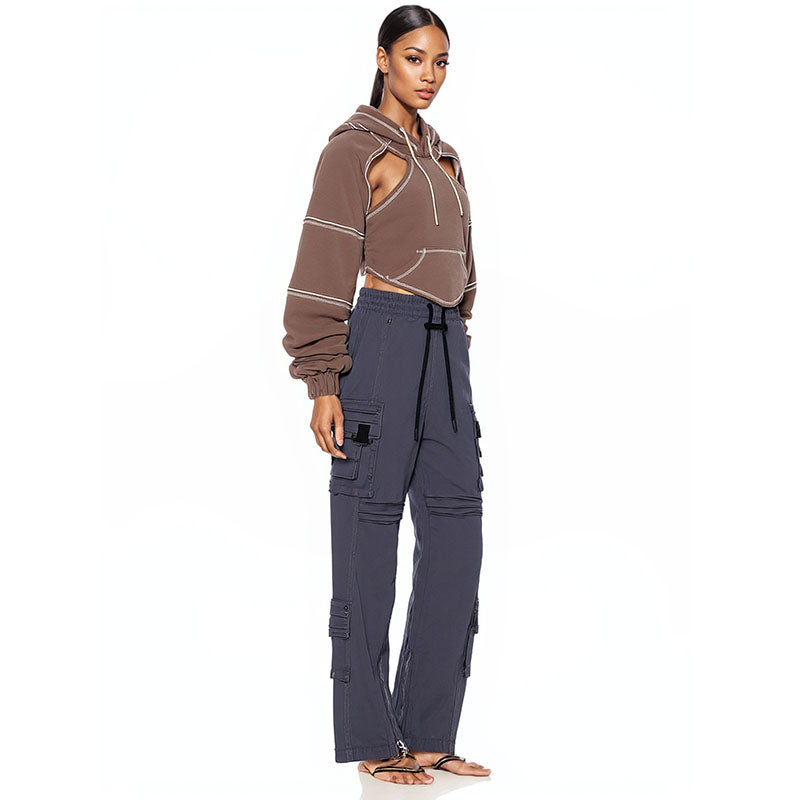 Contrast topstitched short hooded sweatshirt for women layered blouse waistcoat long-sleeved top