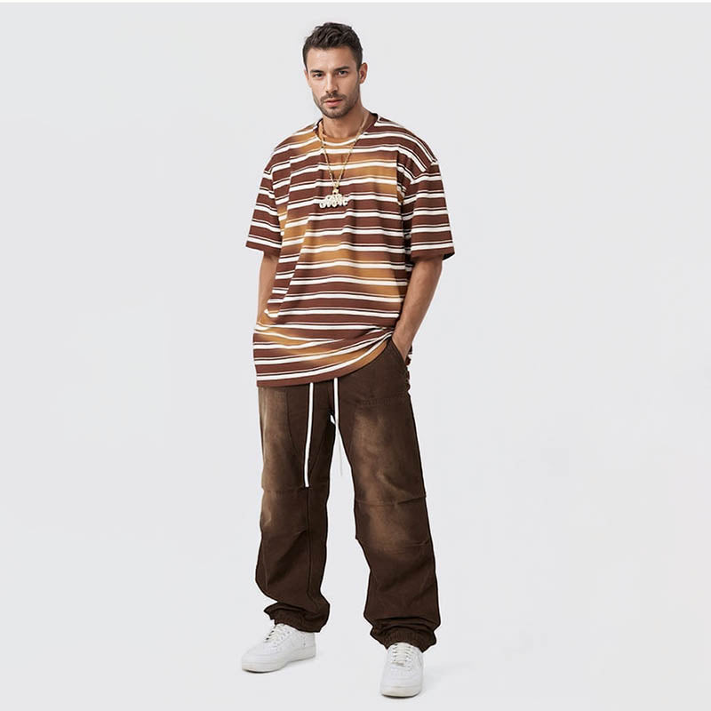 Men's spring/summer wash gradient striped color contrast round neck short-sleeved street couple T-shirt