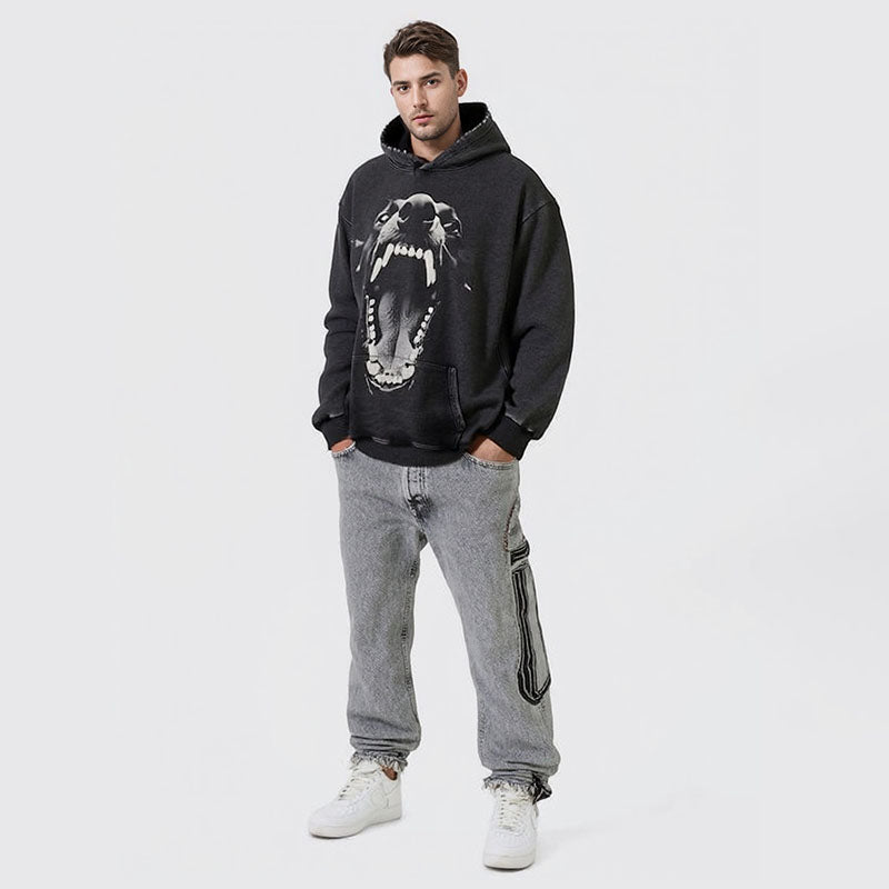 Doberman print heavyweight washed distressed hooded sweatshirt men's long-sleeved hoodie