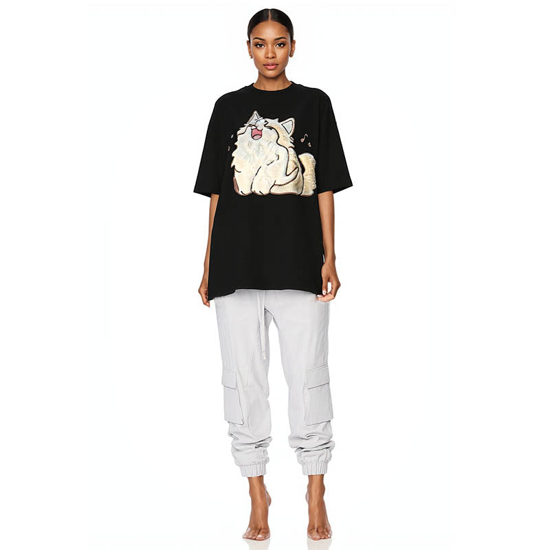 Summer trendy fun creative T-shirt happy singing cat series printed short sleeves for men and women