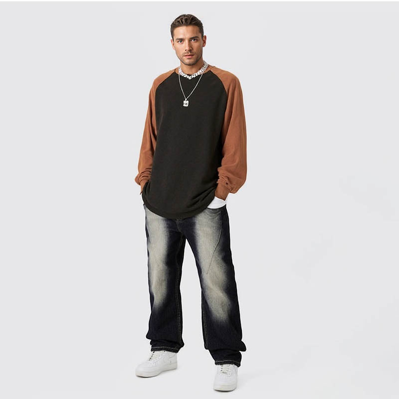 Men's casual pure cotton long-sleeved T-shirt two-color color matching loose long-sleeved bottoming shirt
