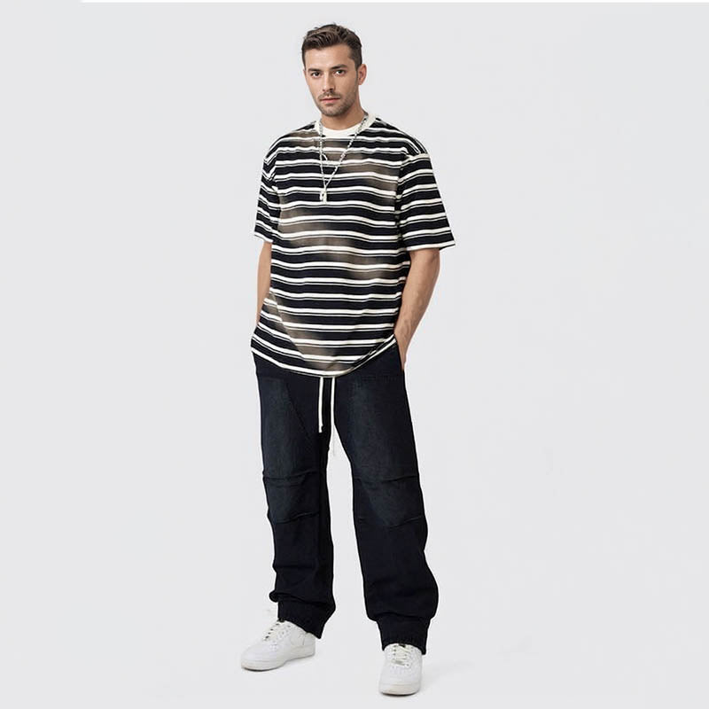 Men's spring/summer wash gradient striped color contrast round neck short-sleeved street couple T-shirt