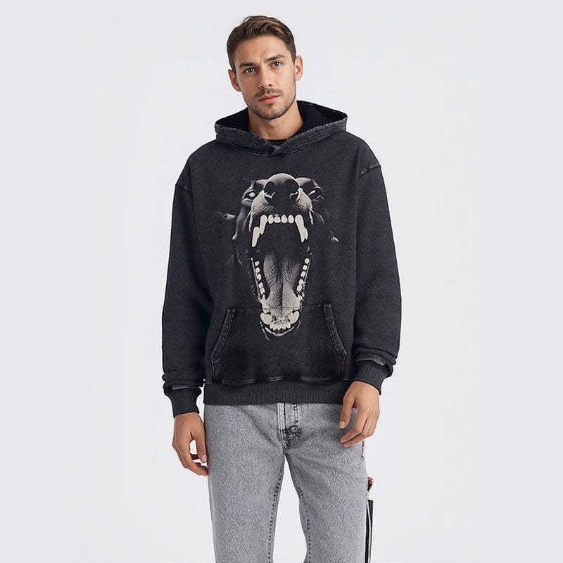 Doberman print heavyweight washed distressed hooded sweatshirt men's long-sleeved hoodie