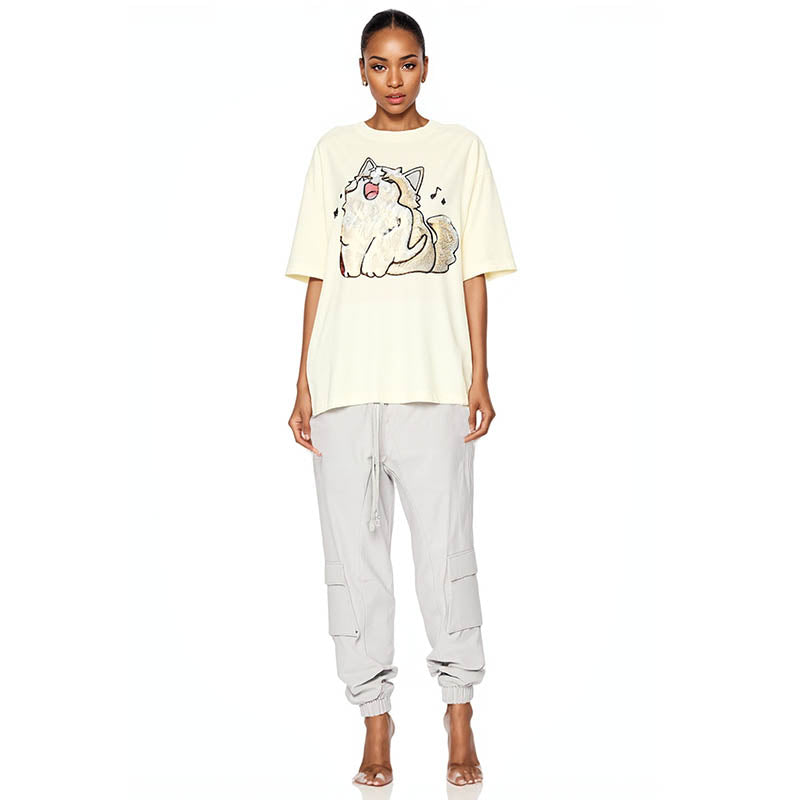 Summer trendy fun creative T-shirt happy singing cat series printed short sleeves for men and women