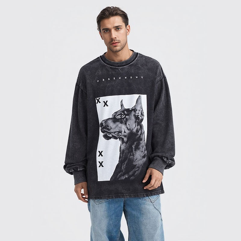 High Street Retro Doberman Direct Print Printed Washed Long Sleeve T-Shirt Men's Loose Top T-Shirt for Men