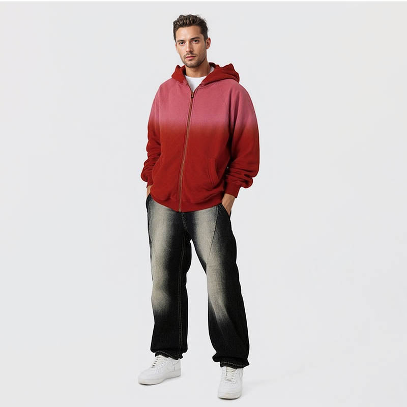 Men's Autumn and Winter New Gradient Sweater Retro Washed Distressed Zipper Jacket Hoodie