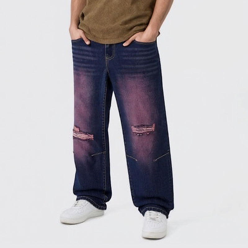 Washed vintage ripped straight-leg jeans