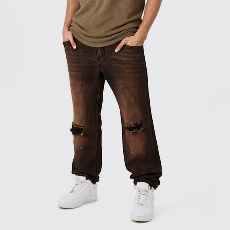 Washed vintage ripped straight-leg jeans