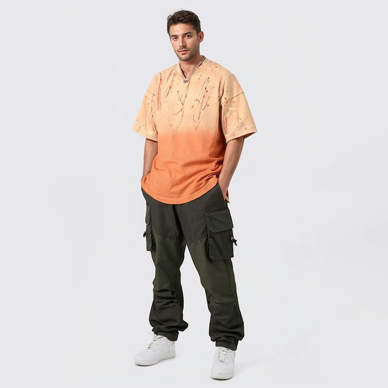 Gradient wash fabric applique embroidery short sleeve T-shirt for men