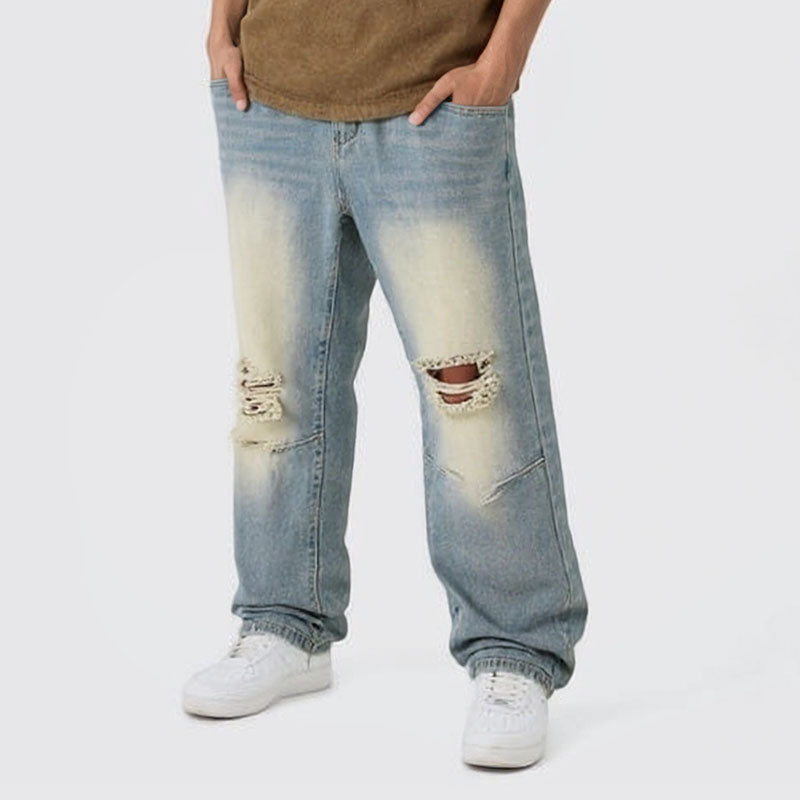 Washed vintage ripped straight-leg jeans