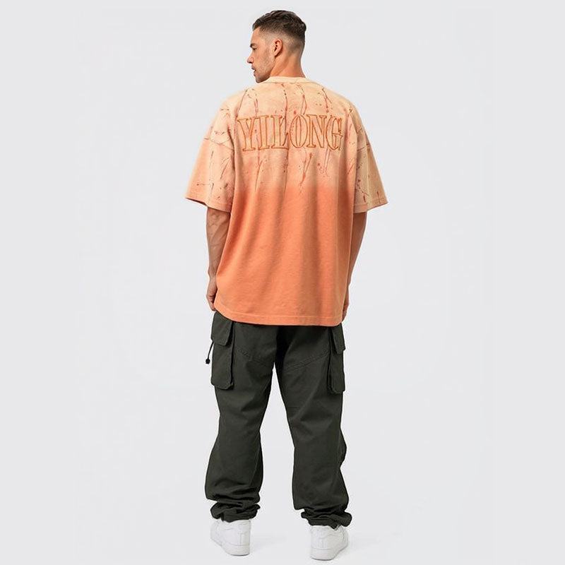Gradient wash fabric applique embroidery short sleeve T-shirt for men