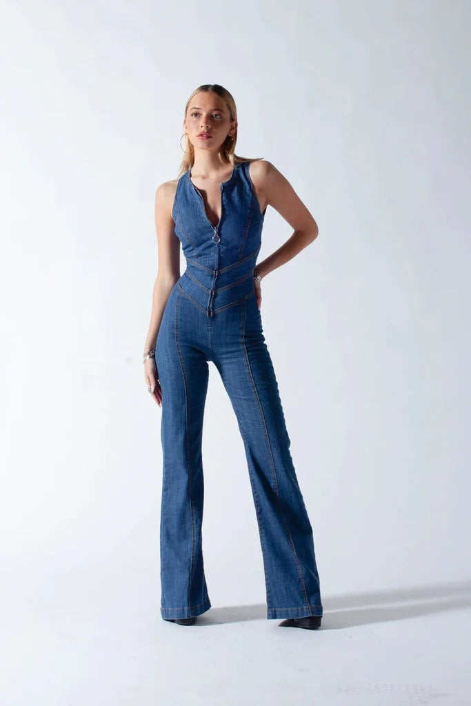 Womens Sexy Slim Fit High Waist Denim Jumpsuit Sleeveless Zipper Backless Wide Leg Rompers