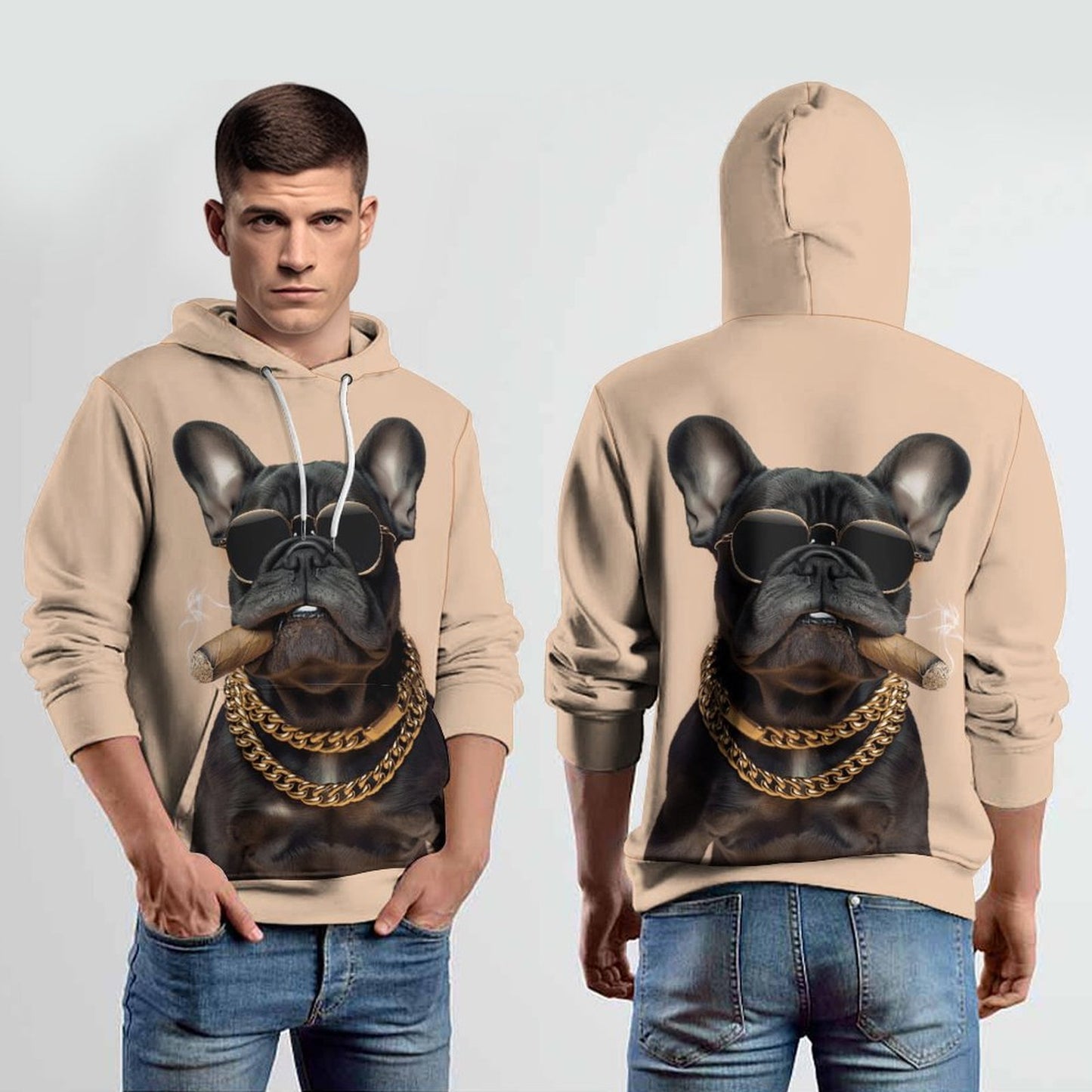 New 3D digital gangster dog print loose men's hooded sweatshirt