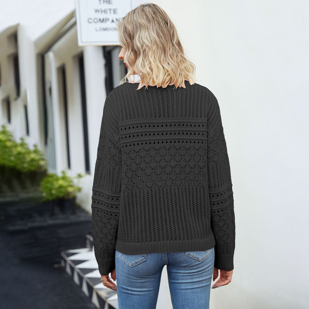 Solid Crochet Knit Drop Shoulder Sweater