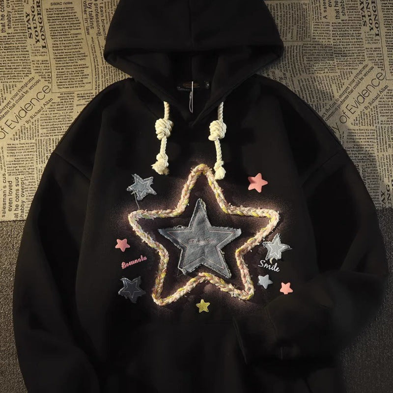 Retro star embroidered hooded sweatshirt for women thin loose and lazy design niche jacket