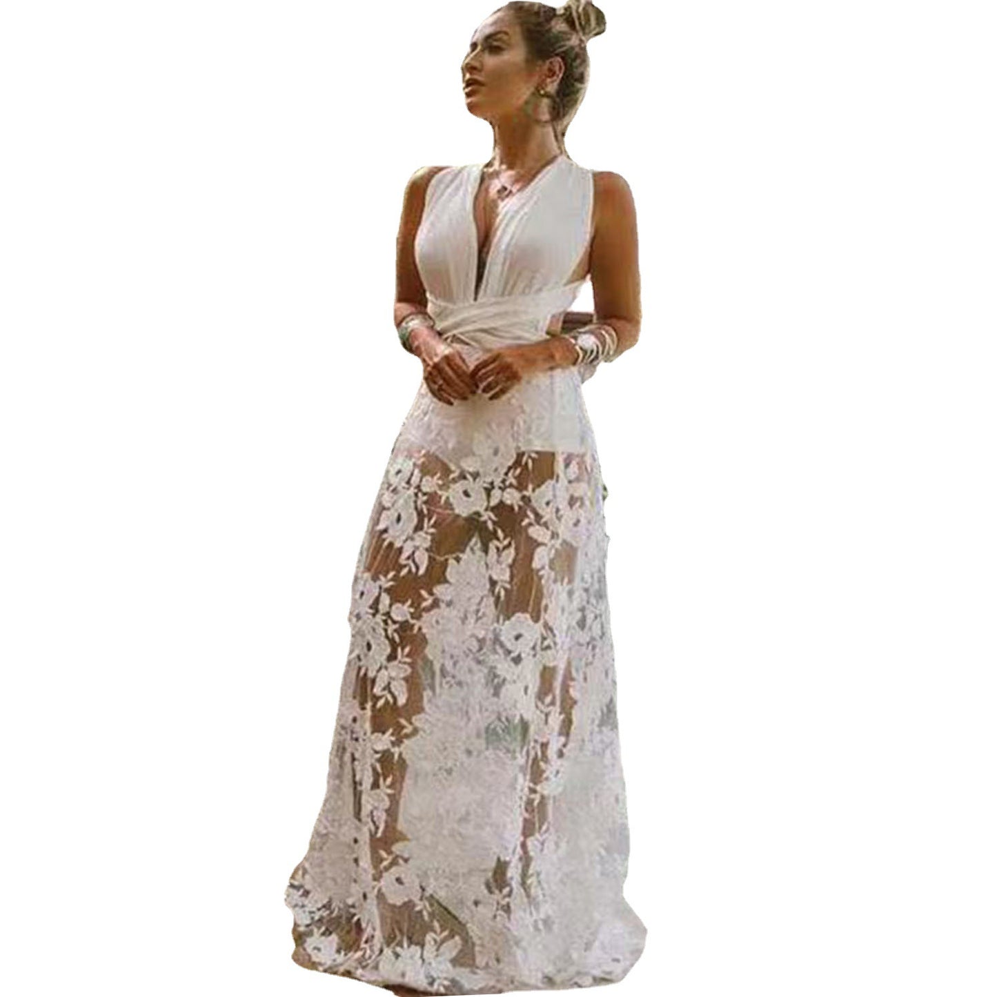 Summer Clothes for Women New Arrival See Through Beach Dress White Lace Sexy Robe Longue Femme Mesh Backless Floral Dress