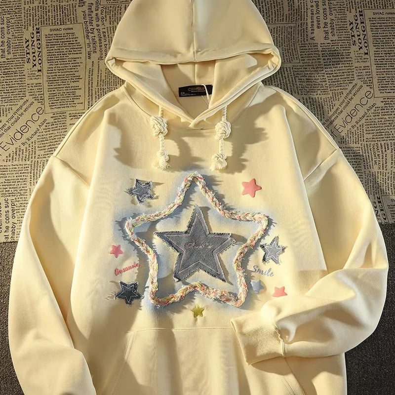 Retro star embroidered hooded sweatshirt for women thin loose and lazy design niche jacket