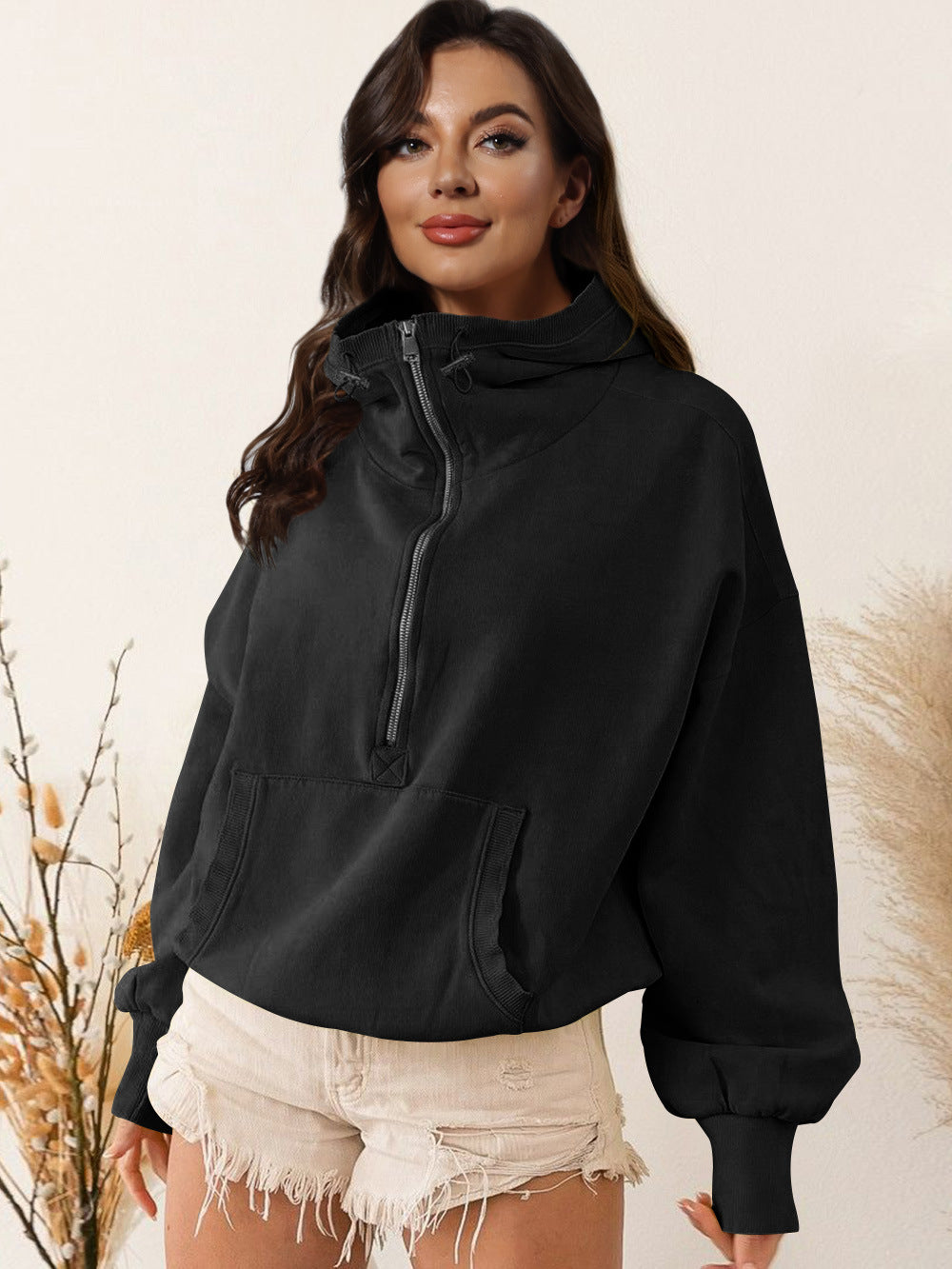 Half Zip Cropped Sweatshirts Hooded Pullover Fall Long Sleeve Zipper Hoodies Drawstring Tops for Women