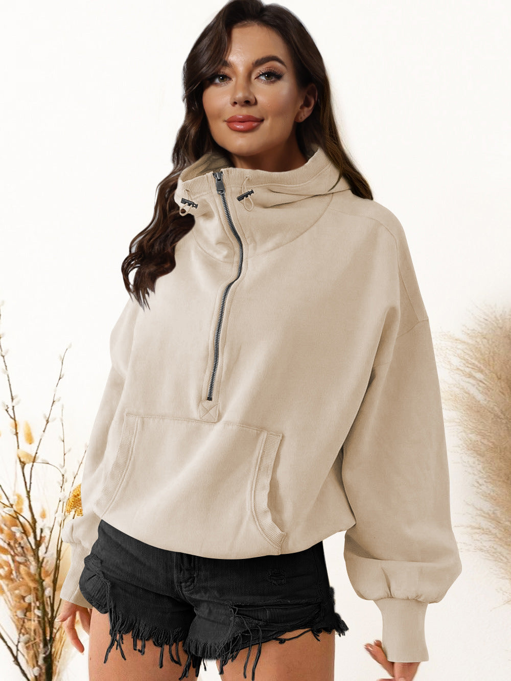 Half Zip Cropped Sweatshirts Hooded Pullover Fall Long Sleeve Zipper Hoodies Drawstring Tops for Women