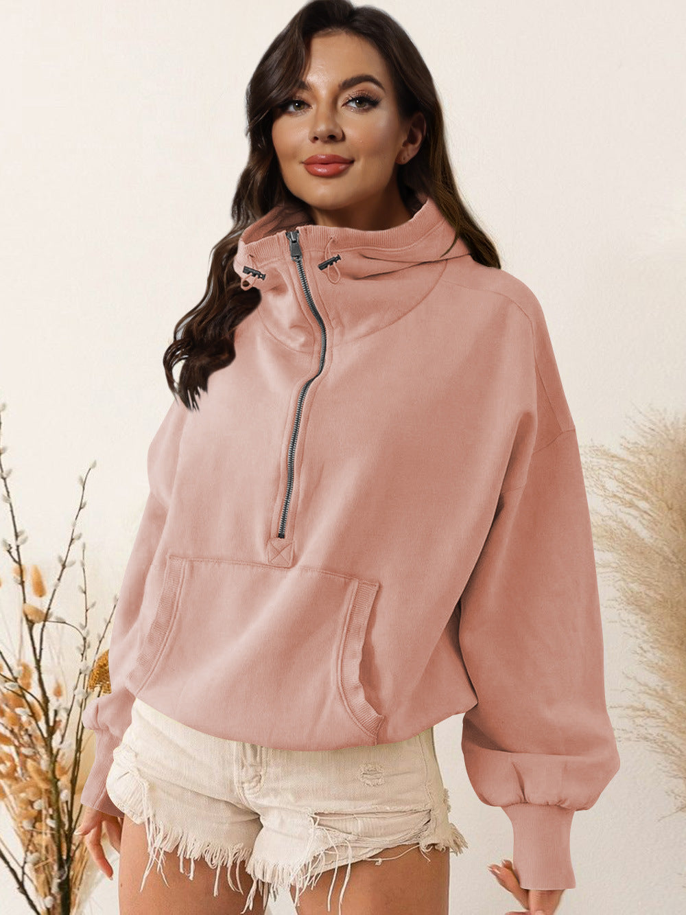 Half Zip Cropped Sweatshirts Hooded Pullover Fall Long Sleeve Zipper Hoodies Drawstring Tops for Women