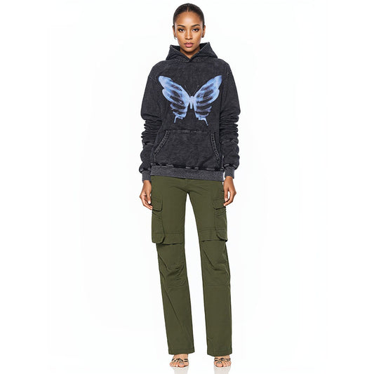 Retro heavy butterfly print hooded sweatshirt for men hip hop street jacket for women