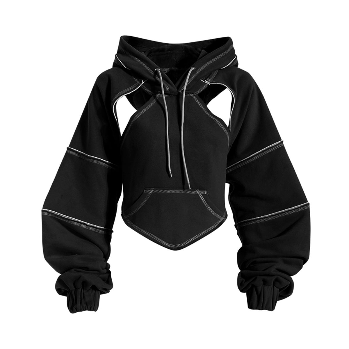 Contrast topstitched short hooded sweatshirt for women layered blouse waistcoat long-sleeved top