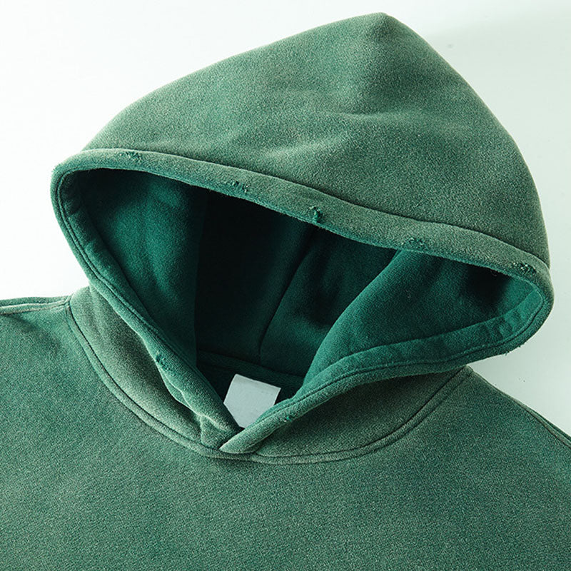 Autumn and winter new solid color blank plus velvet thickened 360g spray-dyed distressed hooded sweatshirt for men