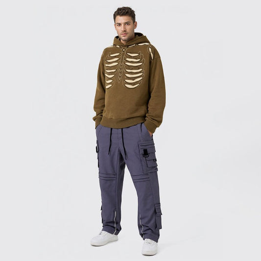 Men's Skull Hole Design Hip-Hop Hooded Sweatshirt Men's Acid Wash Couple Jacket Hooded Men's Clothing