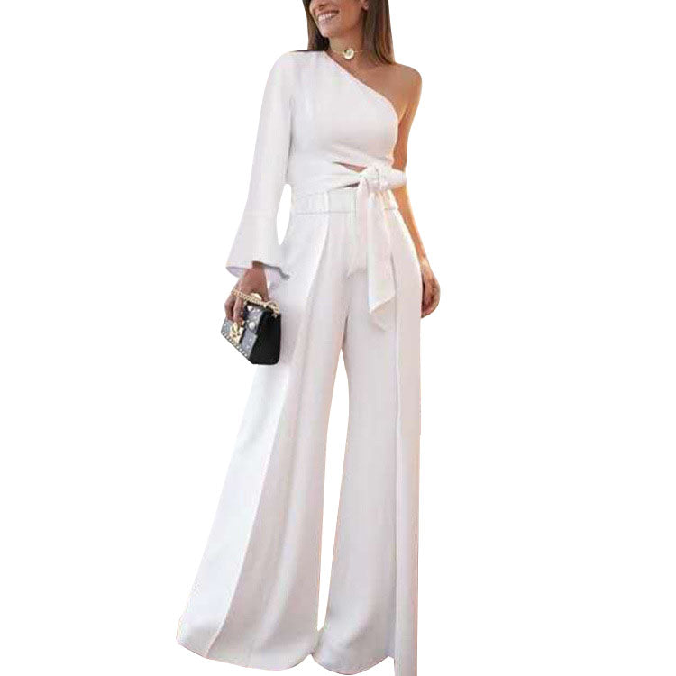 Sexy One Shoulder Rompers Womens Jumpsuit Summer Sleeveless Belt Wide Leg Elegant Lady Size Bodycon Jumpsuits