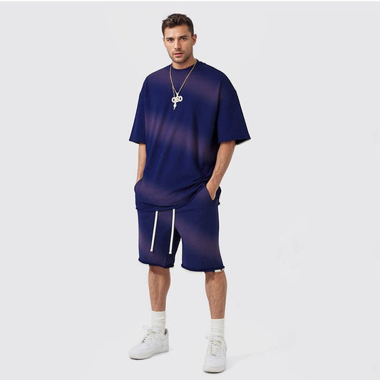 Men's spring and summer washed gradient horse destroyed frayed edge round neck short-sleeved trendy T-shirt