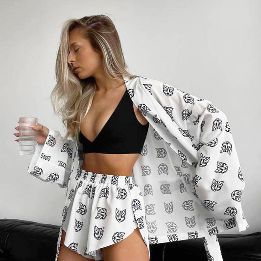 Women's Printed Letter Sleepwear Loose Home Chothes 2pcs Sets Long Sleeved Kimono Robe Shorts Fashion Casual Outfits Pajama